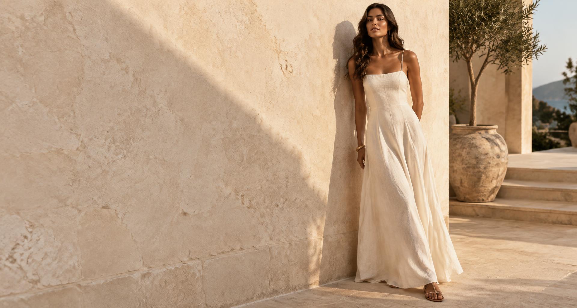 Modelo com vestido longo de linho off-white da nova coleção, em cenário de arquitetura natural